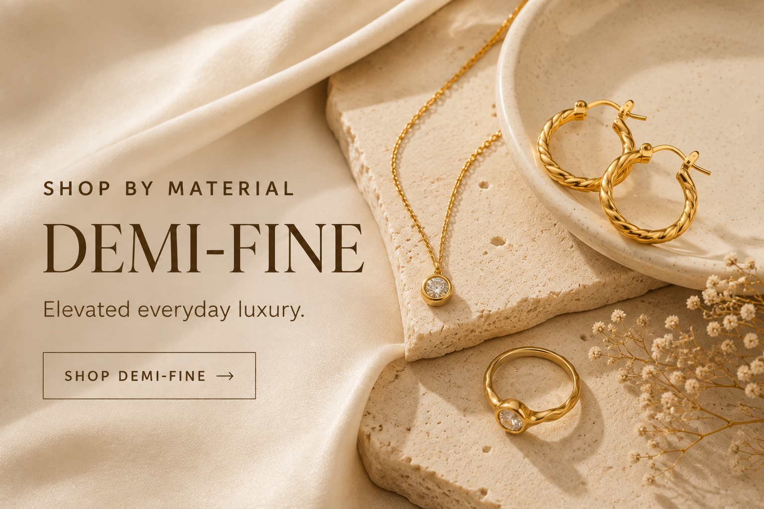 Shop by material page for demi-fine jewellery : image is depicting demi-fine jewellery i.e 18k gold jewellery.