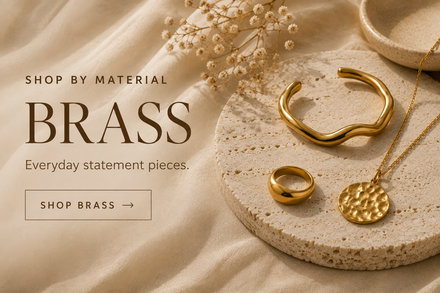 Shop by material page for brass jewellery : image is depicting brass gold jewellery.